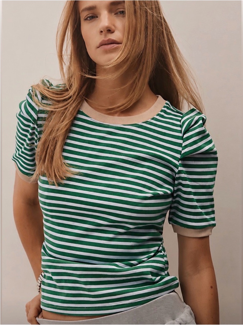 Maeve Anthropologie Green White Striped Puff Sleeve Tee Top size small